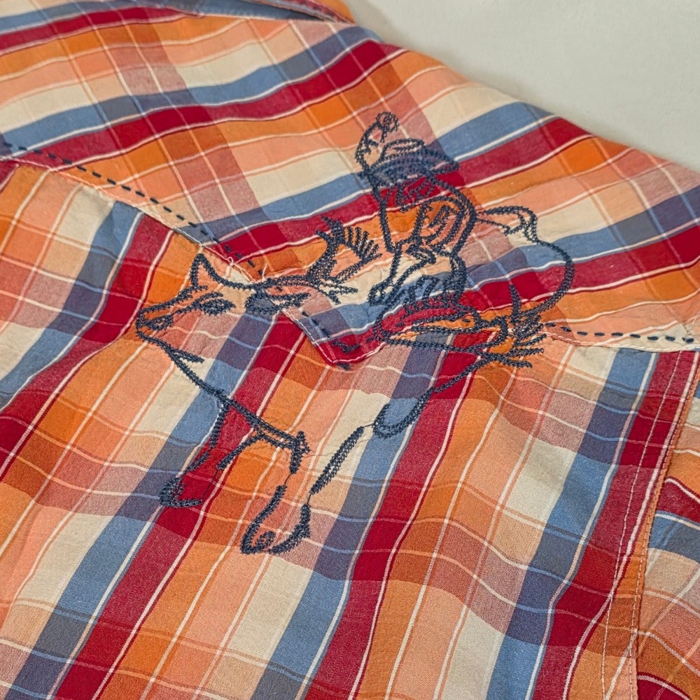 Express Rider XL Western Shirt Orange Plaid Pearl Snap Embroidered Bull Rider - Picture 4 of 9